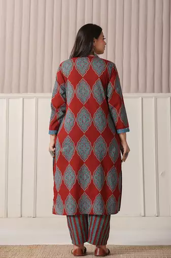 maroon block print cotton lace work plus size kurta set with pant & dupatta