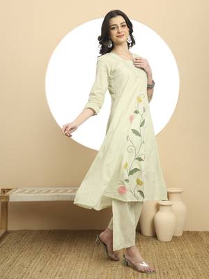  green pure cotton a-line thread work kurta dupatta set 5
