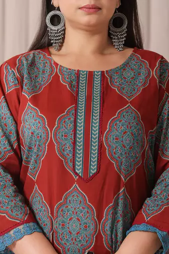 maroon block print cotton lace work plus size kurta set with pant & dupatta