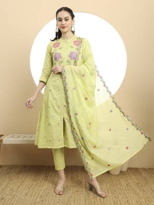  green pure cotton a-line embroidered kurta dupatta set 1