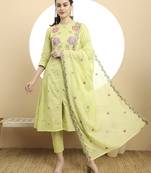  green pure cotton a-line embroidered kurta dupatta set
