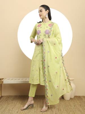  green pure cotton a-line embroidered kurta dupatta set 2