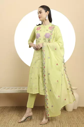  green pure cotton a-line embroidered kurta dupatta set