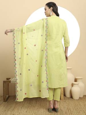  green pure cotton a-line embroidered kurta dupatta set 3