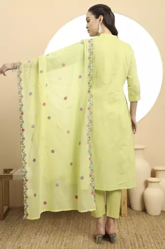  green pure cotton a-line embroidered kurta dupatta set