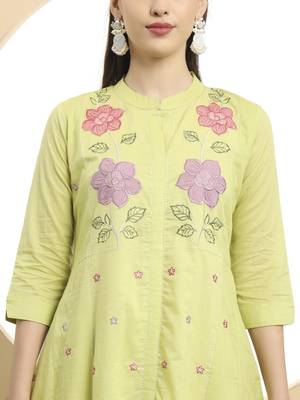  green pure cotton a-line embroidered kurta dupatta set 4