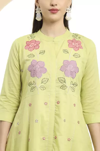  green pure cotton a-line embroidered kurta dupatta set