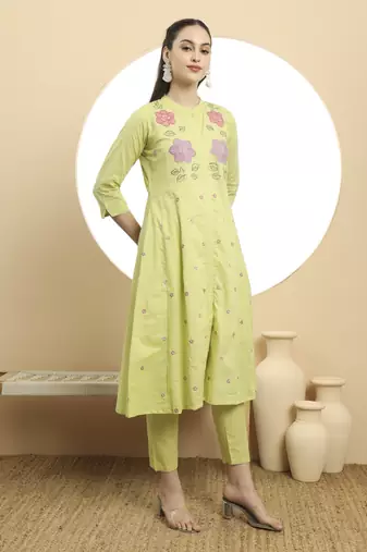  green pure cotton a-line embroidered kurta dupatta set
