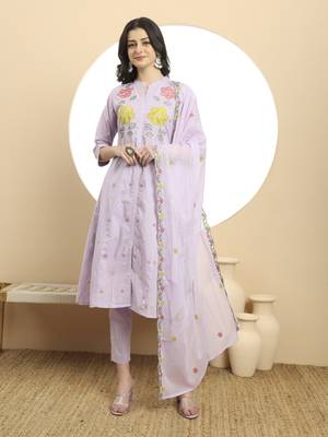 lavender pure cotton a-line embroidered kurta dupatta set 1