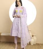  lavender pure cotton a-line embroidered kurta dupatta set