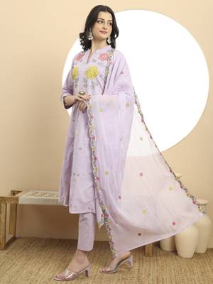  lavender pure cotton a-line embroidered kurta dupatta set 2