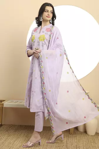  lavender pure cotton a-line embroidered kurta dupatta set