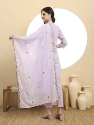  lavender pure cotton a-line embroidered kurta dupatta set 3