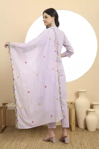  lavender pure cotton a-line embroidered kurta dupatta set