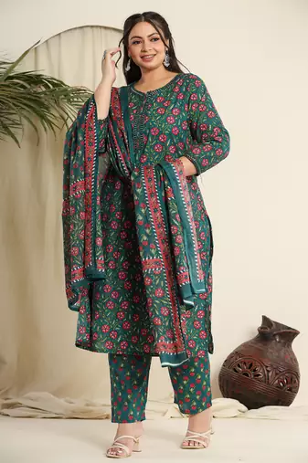 green cotton floral,chikankari plus size kurta dupatta set