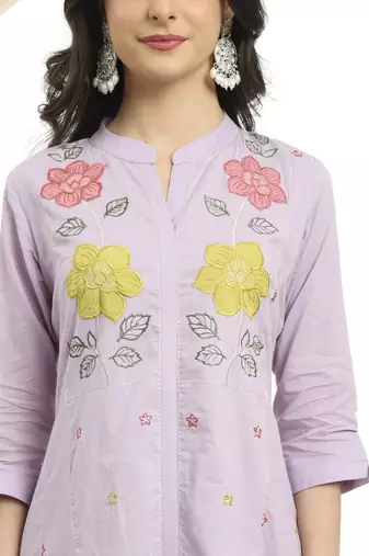  lavender pure cotton a-line embroidered kurta dupatta set