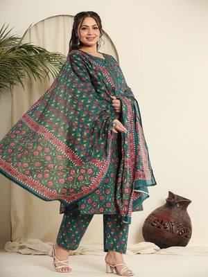 green cotton floral,chikankari plus size kurta dupatta set 3