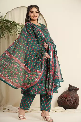 green cotton floral,chikankari plus size kurta dupatta set