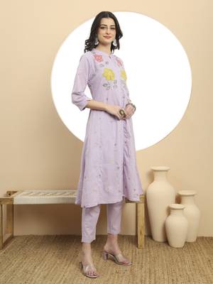  lavender pure cotton a-line embroidered kurta dupatta set 5