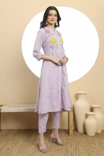 lavender pure cotton a-line embroidered kurta dupatta set