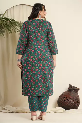 green cotton floral,chikankari plus size kurta dupatta set