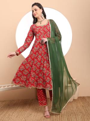  red cotton long sleeve anarkali kurta dupatta set 1