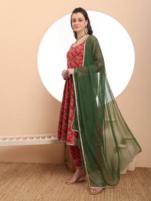  red cotton long sleeve anarkali kurta dupatta set 2