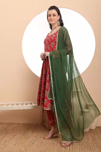  red cotton long sleeve anarkali kurta dupatta set