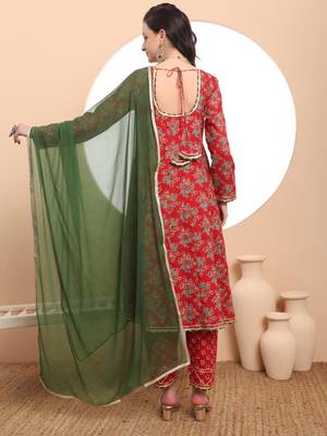  red cotton long sleeve anarkali kurta dupatta set 3