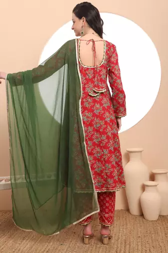  red cotton long sleeve anarkali kurta dupatta set