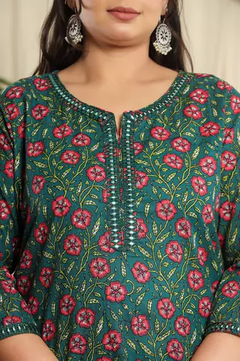 green cotton floral,chikankari plus size kurta dupatta set