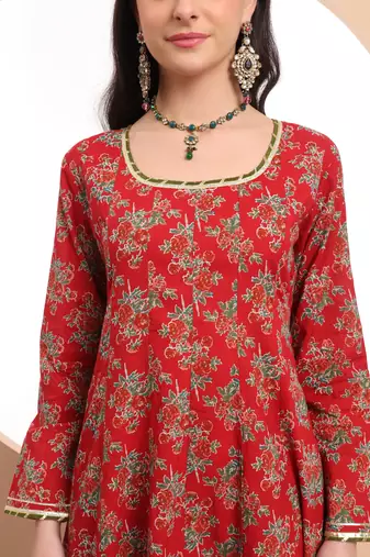  red cotton long sleeve anarkali kurta dupatta set