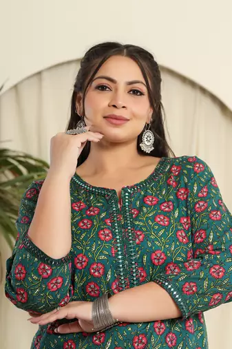 green cotton floral,chikankari plus size kurta dupatta set
