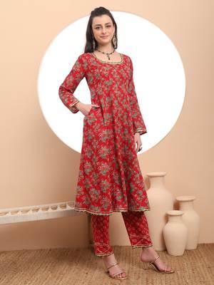  red cotton long sleeve anarkali kurta dupatta set 5
