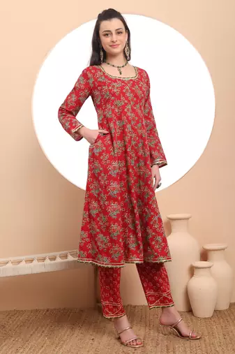  red cotton long sleeve anarkali kurta dupatta set
