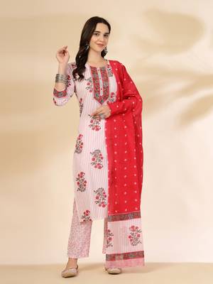 white floral print cotton sequins work kurta set with pant & dupatta 1