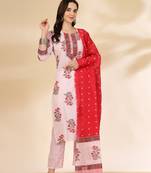 white floral print cotton sequins work kurta set with pant & dupatta