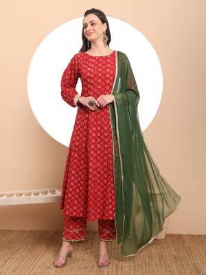 red anarkali  pure cotton kurta dupatta set 1