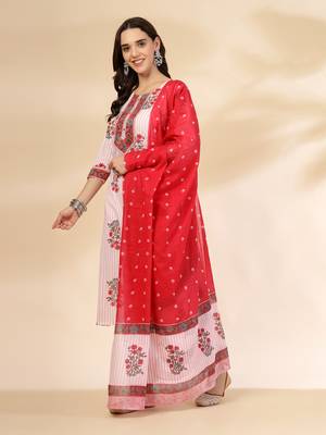 white floral print cotton sequins work kurta set with pant & dupatta 2