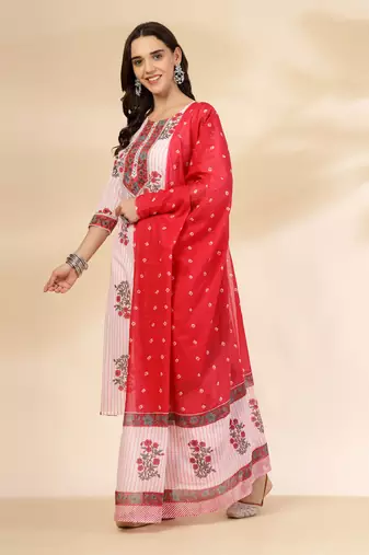 white floral print cotton sequins work kurta set with pant & dupatta