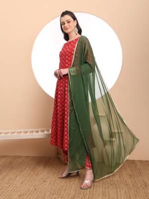 red anarkali  pure cotton kurta dupatta set 2