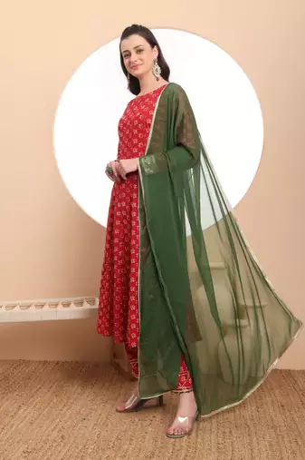 red anarkali  pure cotton kurta dupatta set