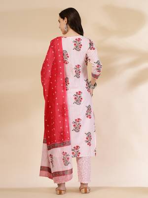 white floral print cotton sequins work kurta set with pant & dupatta 3