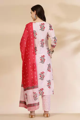 white floral print cotton sequins work kurta set with pant & dupatta
