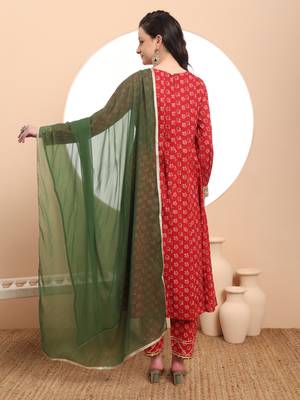 red anarkali  pure cotton kurta dupatta set 3