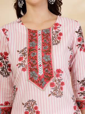 white floral print cotton sequins work kurta set with pant & dupatta 4
