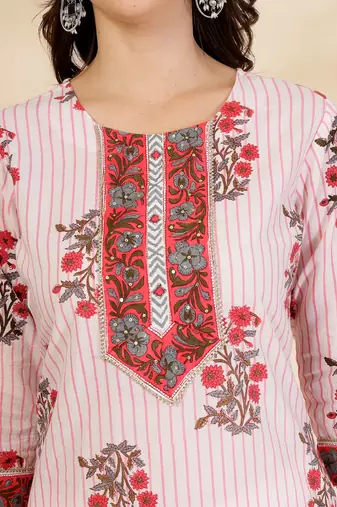 white floral print cotton sequins work kurta set with pant & dupatta