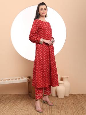red anarkali  pure cotton kurta dupatta set 5