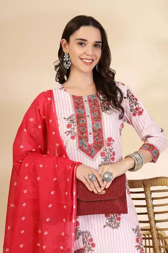 white floral print cotton sequins work kurta set with pant & dupatta
