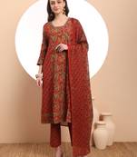  red floral print thread work a-line kurta trouser dupatta set